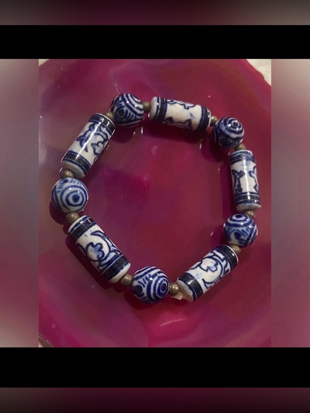 Vintage Blue & White Ceramic Bead Bracelet #8059